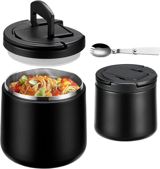 20oz Insulated Vacuum Food Jar with Buckle Lid,Soup Thermo for Hot Food Kids,Wide Mouth Leakproof Stainless Steel Lunch Container with Spoon-Black