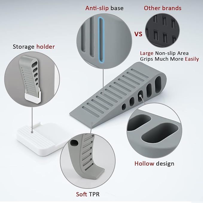 JQK Rubber Door Stopper Wedge, Grey 4 Pack Soft TPR Premium Door Stops for Bottom of Heavy Duty Door on Tile, Concrete, Carpet, Wooden Floor, DSB61-GY-P4