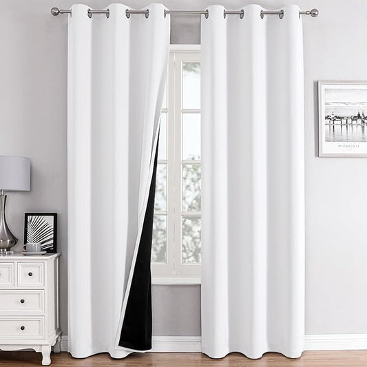 ChrisDowa 100% Blackout Curtains 78 inch Long for Bedroom with Black Liner, 2 Thick Layers Total Blackout Thermal Insulated Grommet Window Curtains 2 Panels Set (Pure White, 42 x 78 Inch)