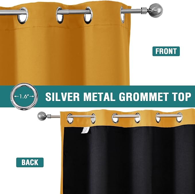 ChrisDowa 100% Blackout Curtains 108 inch Long for Bedroom with Black Liner, 2 Thick Layers Total Blackout Thermal Insulated Grommet Window Curtains 2 Panels Set (Mustard Yellow, 52 x 108 Inch)