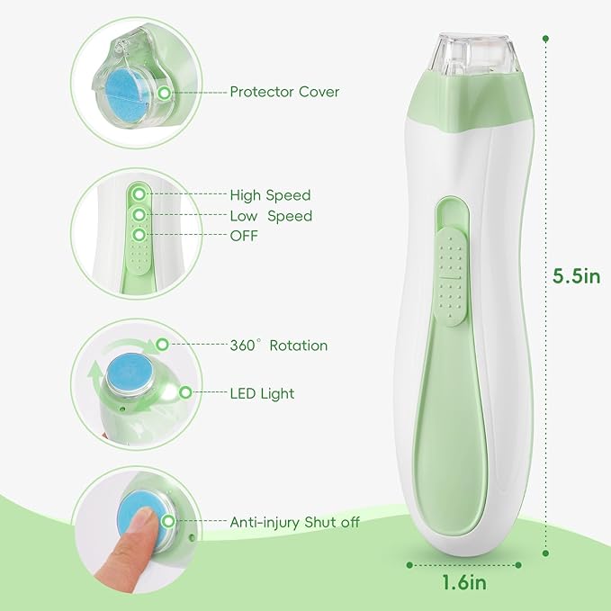 Baby Nail Trimmer Electric, 15 in 1 Baby Nail Clippers for Gentle Nail Care, Rechargeable Baby Nail File Electric with Light &15 Grinding Pads for Infant Toddler, Green