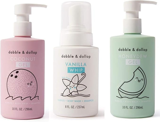 Dabble & Dollop Beachy Bundle, Natural Bubble Bath, Body Wash, Shampoo for Kids, USA-Made, Paraben & Sulfate Free, Vegan, Gluten-Free, Tear-Free, Honeydew Melon, Vanilla & Coconut (Set of 3)