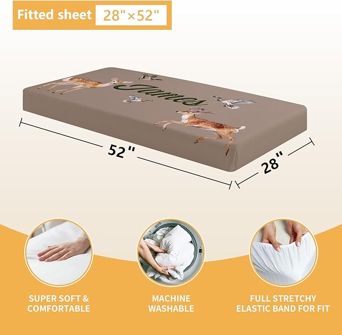 Custom Baby Crib Bedding Set, 5 Pcs Personalized Name Baby Crib Sets for Infant Toddler, Green Woodland Deer Nursery Bedding Set for Boys Girls, Double Layer Baby Bedding Sets Customized Gifts