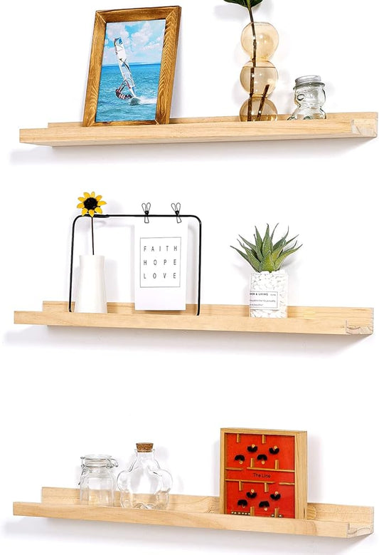 AZSKY Natural Wood Wall Mounted Shelves 24 Inch Floating Wall Book Shelf Floating Ledge Storage Rustic Shelves Photo Picture Ledge for Home Decor a Set of 3