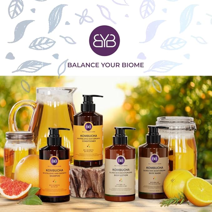 BALANCE YOUR BIOME Kombucha Glass-Skin Moisturizing Body Wash, K-Beauty,Fermented soybean, barley, Pear Juice, Pomegranates,12 Vitamins, Nurishing, Cleansing, 16.9 fl.oz.500ml, No Silicone