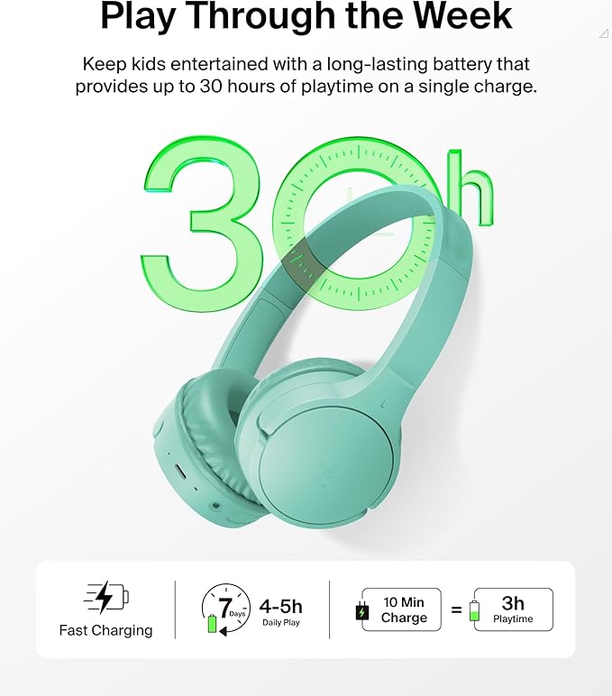 Belkin SoundForm Mini - Wireless Bluetooth Headphones for Kids with 30H Battery Life, 85dB Safe Volume Limit, Built-in Microphone - Kids On-Ear Earphones for iPhone, iPad, Fire Tablet & More - Mint