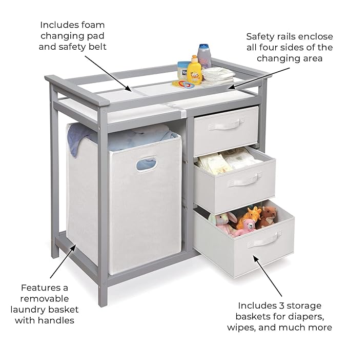 Badger Basket Modern Baby Changing Table - Portable Diaper Station with 3 Drawers Pad & Hamper - Storage Organizer for Baby Diapers & Toys - Gray/White