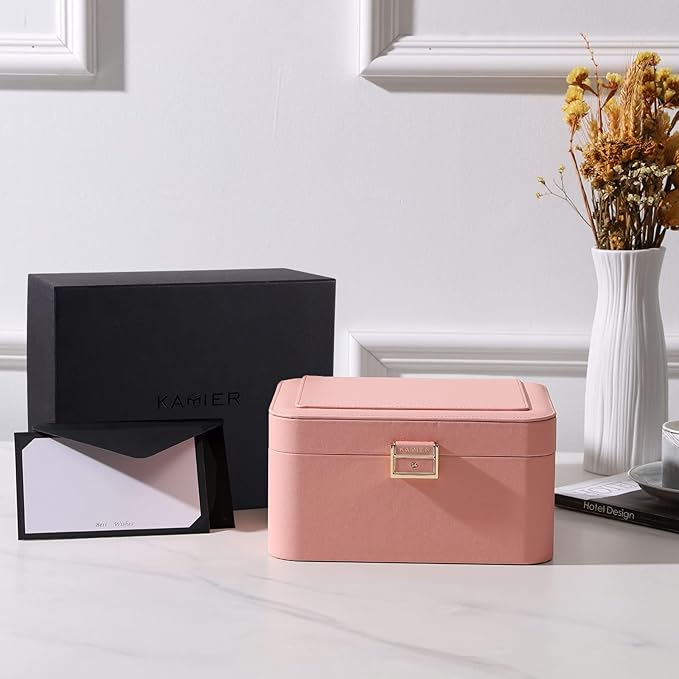 KAMIER Jewelry Boxes for Women, 2 Layers PU Leather Travel Jewelry Box, Large Capacity, Double Lock and Large Mirror, Hidden Necklace Hooks, Removable Dividers, Gift Box Packaging, Pink