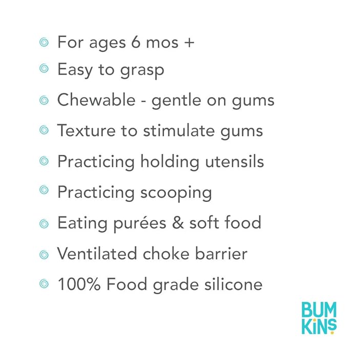 Bumkins Baby Utensils Set, Chewtensils Silicone Spoons for Dipping, Self-Feeding, Baby Led Weaning, Trainer Learning First Stage Eating, Soft Practice Fork and Spoon, Babies 6 Months, Blue