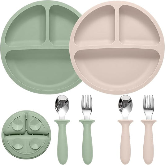 Baby Feeding Set, 2 Pack Silicone Baby Plates with Suction, 2 Pack Spoons and Forks Set for Toddler Utensils, BPA Free, Baby Led Weaning Supplies for Eating Essentials
