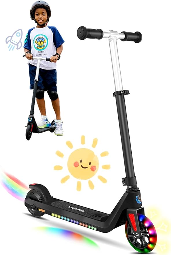Caroma Electric Scooter for Kids Ages 6-12,150W/180WMotor,10 MPH Max Speed & 7 Miles,Colorful Lights,Adjustable Height & Speed,LED Display,Foldable Kids Electric Scooter 132 Lbs Max Load,Idea Gift