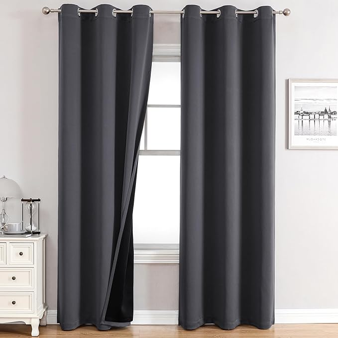 ChrisDowa 100% Blackout Curtains 72 inch Long for Bedroom with Black Liner, 2 Thick Layers Total Blackout Thermal Insulated Grommet Window Curtains 2 Panels Set (Dark Grey, 42 x 72 Inch)