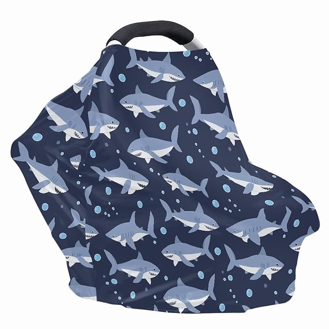 Binienty Cartoon Shark Print Car Seat Canopies for Baby Boys Girls, Women's Light Soft Nursing Cover Breastfeeding Scarf Breathable Stroller Cover for Sun and Windy