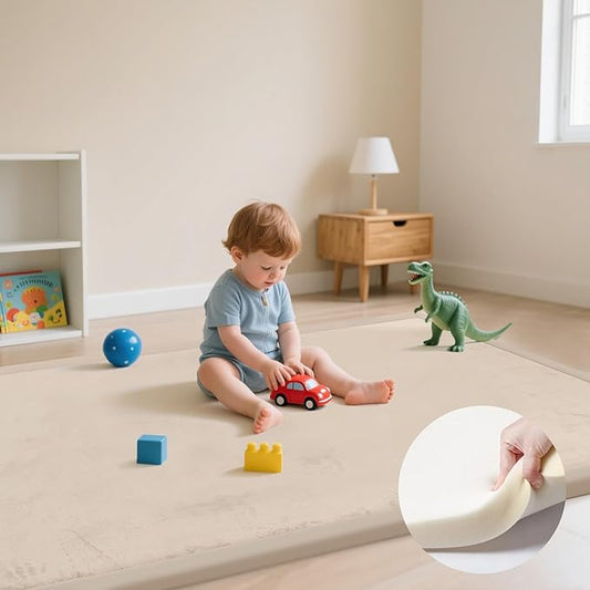 Baby Play Mat for Floor, 1.3" Thick Memory Foam Muscle Playpen Cushion, Soft Coral Velvet Tummy Time Mat with Non-Slip Backing, Water Repellent Child Nursery Rug for Toddlers, Kids (Beige, 39X59)