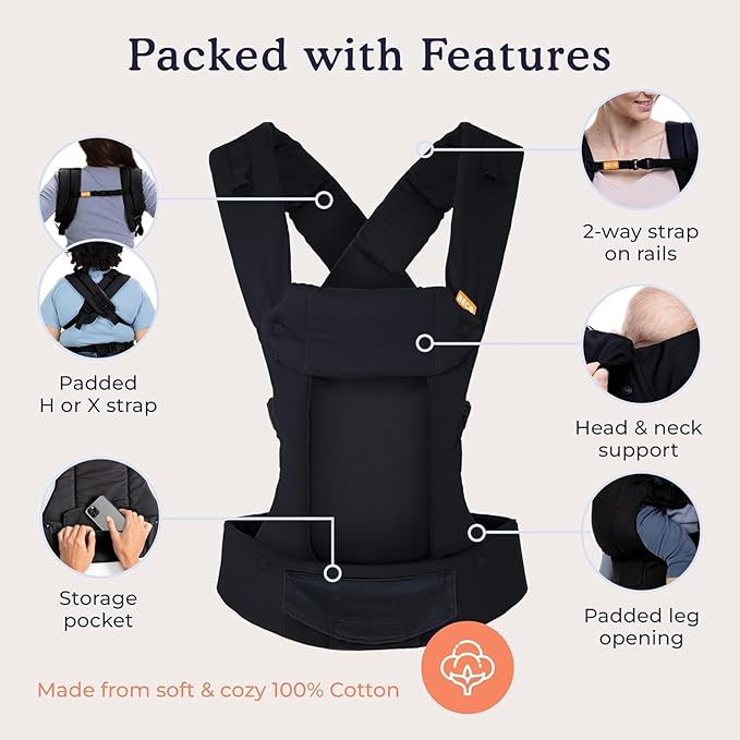Beco Gemini Baby Carrier from Newborn to Toddler - Certified Ergonomic Newborn Baby Carrier for Infants and Children of 7-35 lbs - M Shape, Adjustable Seat, 100% Cotton (Metro Black)