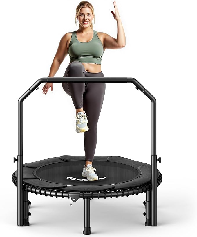 BCAN 40"/48" Mini Rebounder Trampoline for Adults with Bar, 450/550LBS Fitness Trampoline with Bungees, Adjustable Handle, Stable & Quiet, Indoor Outdoor, Whole-Body Workout & Relaxation at Home