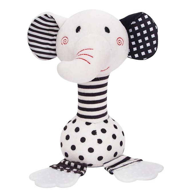 Black & White Elephant Baby Toys 0-12 Months - Plush Sensory Rattle with Teether, Wind Chime, BB Squeaker & Embroidery for Visual, Hearing & Cognitive Development
