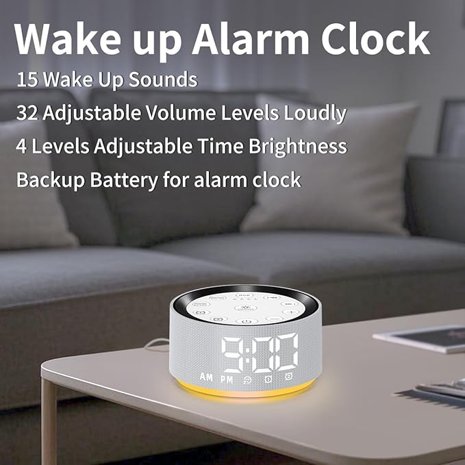 Brown Noise Machine Alarm Clock Sound White Noise Machine Night Light with 30 Sleeping Sounds for Baby Kids Adults 2 Alarms Backup Battery 32 Level Volume 15 Wake up Sounds for Mild Heavy Sleeper