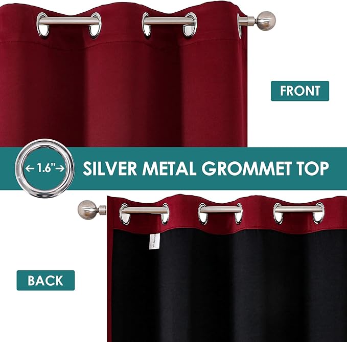 ChrisDowa 100% Blackout Curtains 63 inch Long for Bedroom with Black Liner, 2 Thick Layers Total Blackout Thermal Insulated Grommet Window Curtains 2 Panels Set (Burgundy, 38 x 63 Inch)