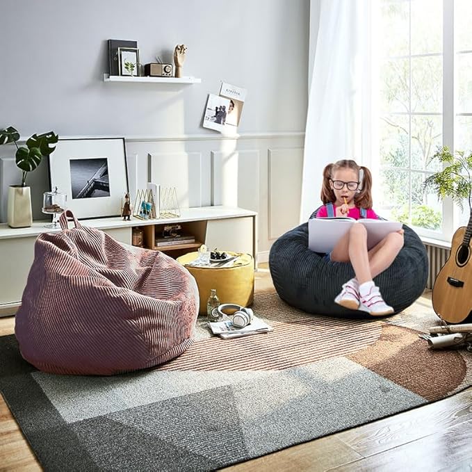 2 Pcs Classic Bean Bag Chair, with Faux Rabbit Fur Cover for Teens and Kids, Memory Foam Bean Bag Chairs, Ultra Soft Faux Fur Fabric, 2.5 feet Round Fluffy Bean Bag Sofa