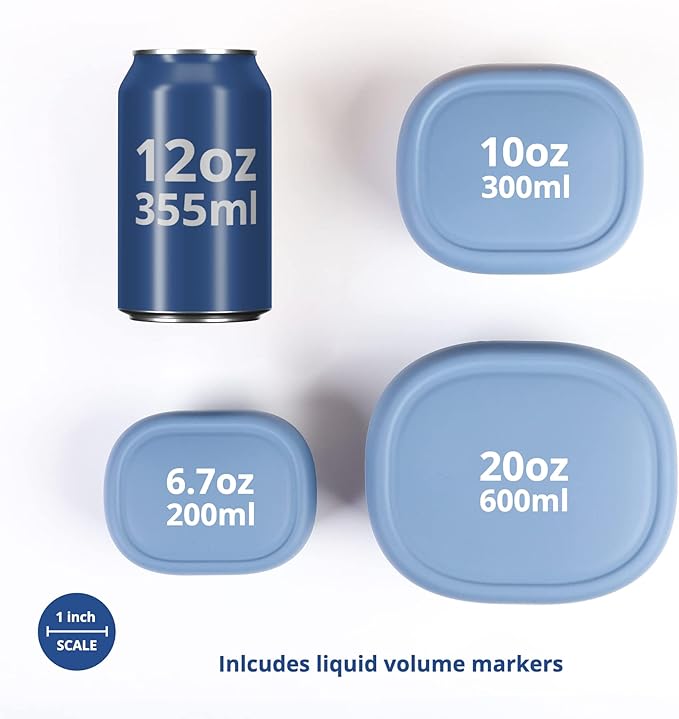 BLUE GINKGO Nesting Silicone Containers - Set of 3 Hard-Shell Silicone Food Storage Containers | BPA Free, Airtight, Dishwasher and Freezer Safe (6.7oz, 10oz, 20oz) - Blue