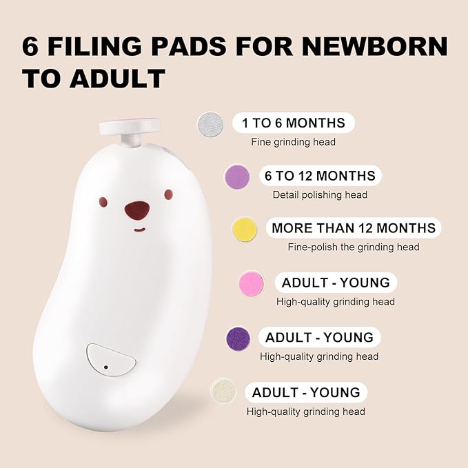 Baby Nail File Electric, Gentle Rechargeable Nail Trimmer, Baby Nail Clippers Grooming Kit Manicure Set for Infant Toddler or Adults, 6 Grinding Head Replacement Pads White