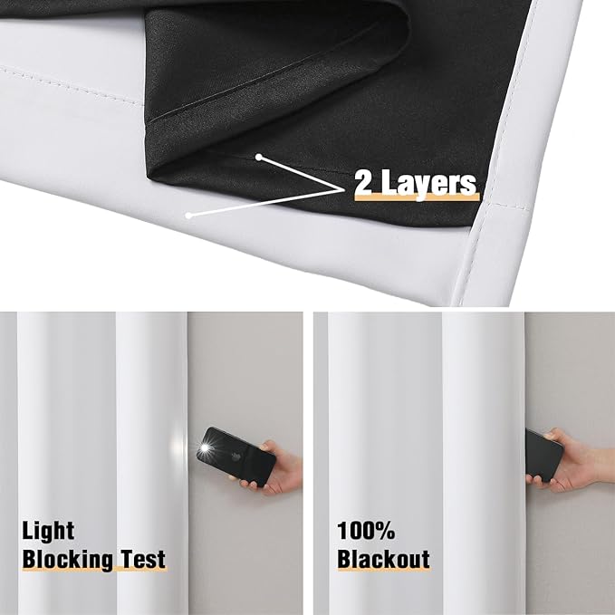 ChrisDowa White 100% Blackout Curtains for Bedroom with Black Liner, 2 Thick Layers Total Blackout Thermal Insulated Grommet Small Window Curtains 2 Panels Set (Pure White, 42 x 54 Inch)