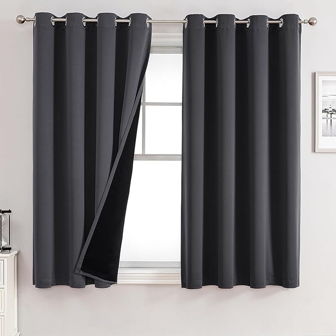 ChrisDowa 100% Blackout Curtains for Bedroom with Black Liner, 2 Thick Layers Total Blackout Thermal Insulated Grommet Small Window Curtains 54 Inch Long 2 Panels Set (Dark Grey, 52 x 54 Inch)