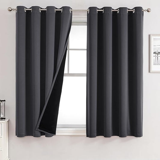 ChrisDowa 100% Blackout Curtains for Bedroom with Black Liner, 2 Thick Layers Total Blackout Thermal Insulated Grommet Window Curtains 63 Inch Length 2 Panels Set (Dark Grey, 52 x 63 Inch)