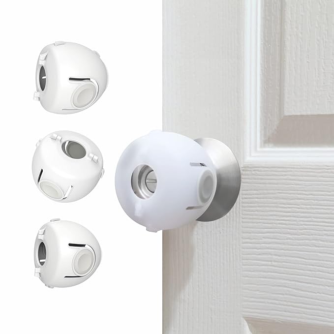 Child Proof Door Knob Covers, Door Knob Safety Cover for Kids, Baby Proof Safety Locks for Doors, 4 Pack/White