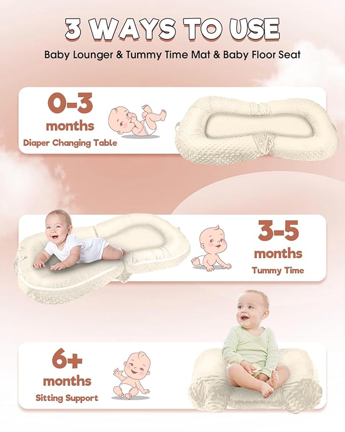 Baby Lounger Pillow 3-in-1 Infant Lounger Pillow for Newborn 0-24 Months, Portable Tummy Time Mat for Home and Travel, Breathable & Soft Baby Seat for Baby