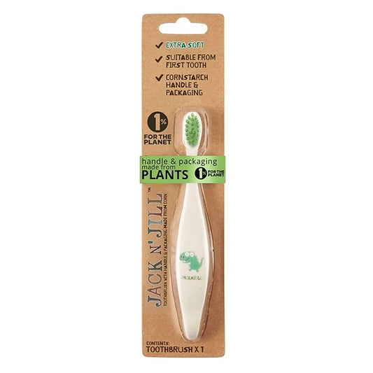 Jack N' Jill Kids Toothbrush - Extra Soft Bristle Toothbrush for Kids, Handle & Packaging Made from Plants (Corn), Ergonomic Handle for Little Hands - Dino Baby (1 Pack)