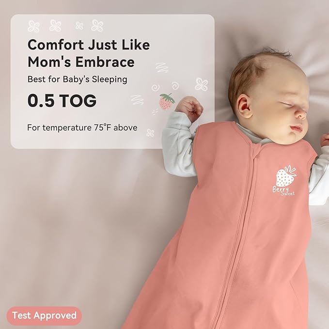Baby Sleep Sack 0-6 Months 0.5 Tog Wearable Blanket Baby, 3 Pack 100% Cotton Lightweight Sleeping Sack with 2-Way Zipper for Newborn Infant Strawberry
