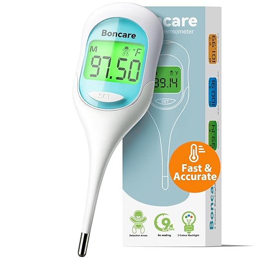 Boncare 9 Seconds Digital Basal Thermometer - Accurate Oral & Rectal Thermometer for Adults & Kids, Fever Alarm, Large Display (Blue)