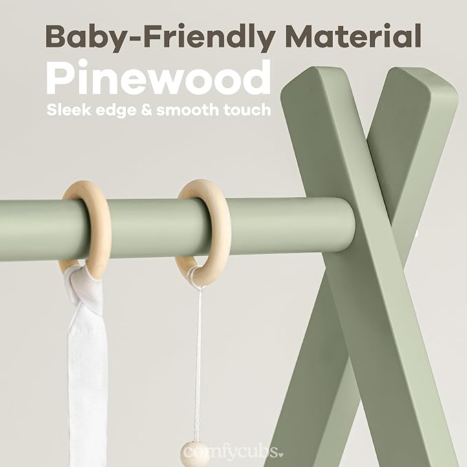 Comfy Cubs Wooden Baby Play Gym - Natural Finish Pinewood Baby Activity Gym with 5 Sensory Hanging Toys - Easy No-Tool Assembly, Safe and Durable for Infant Motor and Visual Development - Sage