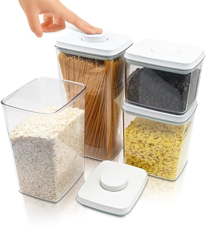 BopTop (4pc Set) Airtight Food Storage Container – Mechanical Silicone Seal Canister - BPA-Free Stackable - 1.3Qt/2.1Qt/2.8Qt/3.5Qt