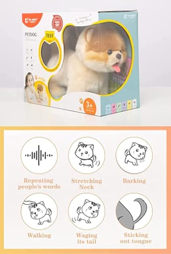CU-MATE Plush Interactive Pomeranian Dog-Realistic Puppy Electronic Toy Dog with Walking/Barking/Wagging Tail/Talking- Robotic Pet Toy Present for Toddler Girls Boys