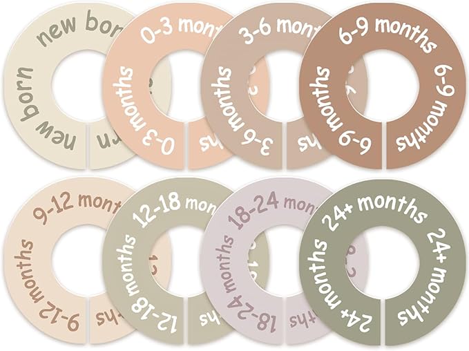 Baby Closet Dividers for Clothes – Earth Tone Round Baby Clothes Dividers for Closet Rod, Nursery Closet Organizer & Decor, Clear Labels for Easy Sorting, Fits Most Rods