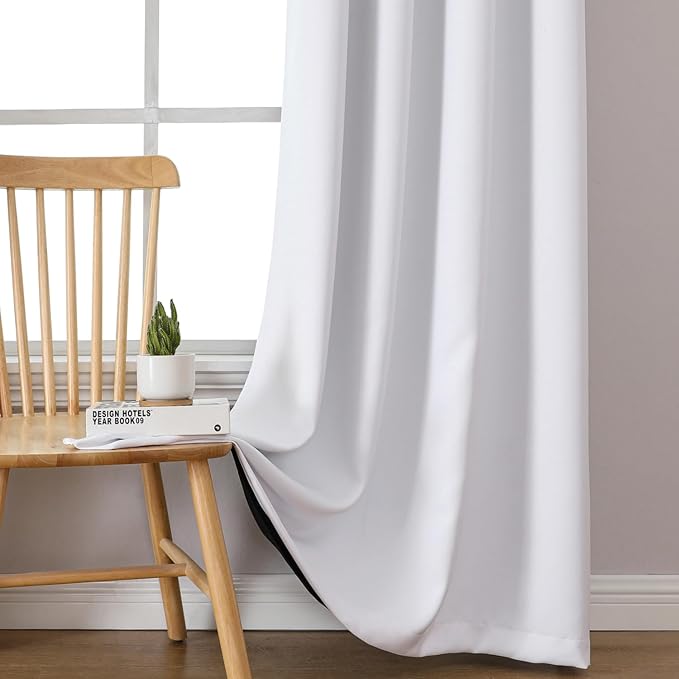 ChrisDowa 100% Blackout Curtains 78 inch Long for Bedroom with Black Liner, 2 Thick Layers Total Blackout Thermal Insulated Grommet Window Curtains 2 Panels Set (Pure White, 42 x 78 Inch)