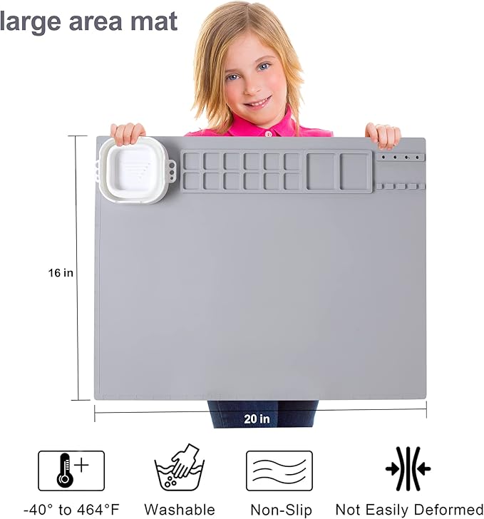AWOKE Silicone Painting Mat - 20"X16" Silicone Art Craft Mat with 1 Water Cup for Kids -12 Color Dividers - 2 Paint Dividers (Grey)