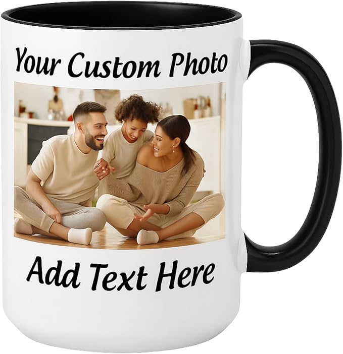 Customized 15oz Ceramic Coffee Mugs with Personalized Text and Photo Image Upload Novelty Gift, Personalize With Different Design And Images, Custom Gift (Black)
