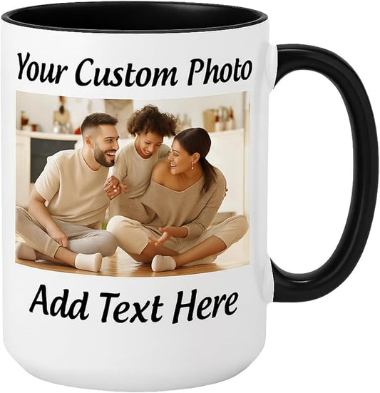Customized 15oz Ceramic Coffee Mugs with Personalized Text and Photo Image Upload Novelty Gift, Personalize With Different Design And Images, Custom Gift (Black)