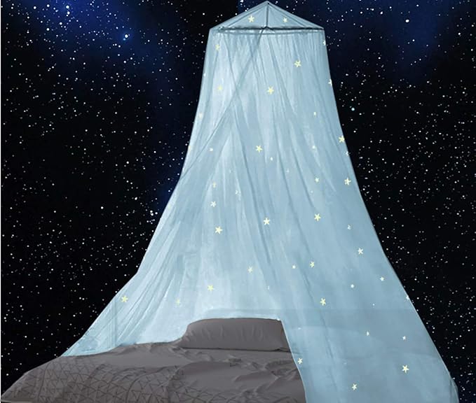 BCBYou Bed Canopy Mosquito Net with Fluorescent Stars Glow in Dark for Baby, Kids, and Adults, for Cover The Baby Crib, Kid Bed, Girls Bed Or Full Size Bed (Light Blue)