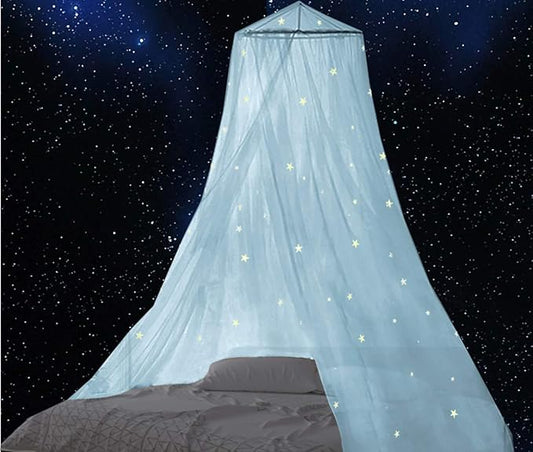 BCBYou Bed Canopy Mosquito Net with Fluorescent Stars Glow in Dark for Baby, Kids, and Adults, for Cover The Baby Crib, Kid Bed, Girls Bed Or Full Size Bed (Light Blue)