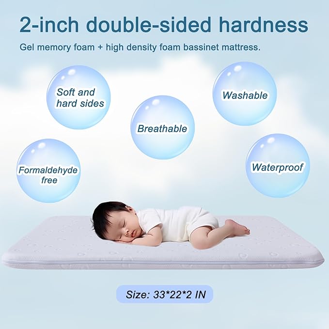 Baby Bassinet Mattress Topper, 30" x 15" x 2" Dual Sided Gel Memory Foam Mattress with Breathable Removable Soft Cover Fit for Most Moses Basket and Dream On Me Lacy Bassinet