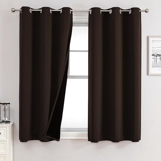 ChrisDowa 100% Blackout Curtains for Bedroom with Black Liner, 2 Thick Layers Total Blackout Thermal Insulated Grommet Small Window Curtains 2 Panels Set (Brown, 42 x 45 Inch)