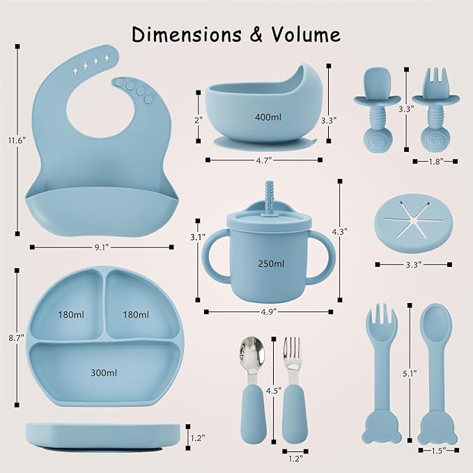 Baby Silicone Feeding Set, 13PCS Baby Self Feeding Set, Toddler Led Weaning Utensils Sets with Suction Bowl and Plate, 3 Set of Baby Spoons and Forks, Adjustable Bid, Sippy Cup with Straw and 2 Lids