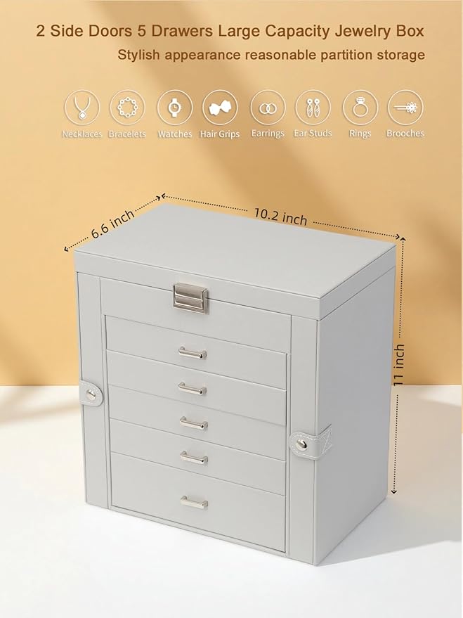 BOOVO Jewelry Box For women, 6 Layer Large Jewelry Organizer With Mirror, Multi-Function Storage Box With Lock, Necklace Holder With 5 Drawers, For Earrings Necklace Bracelet (Silver and Grey)