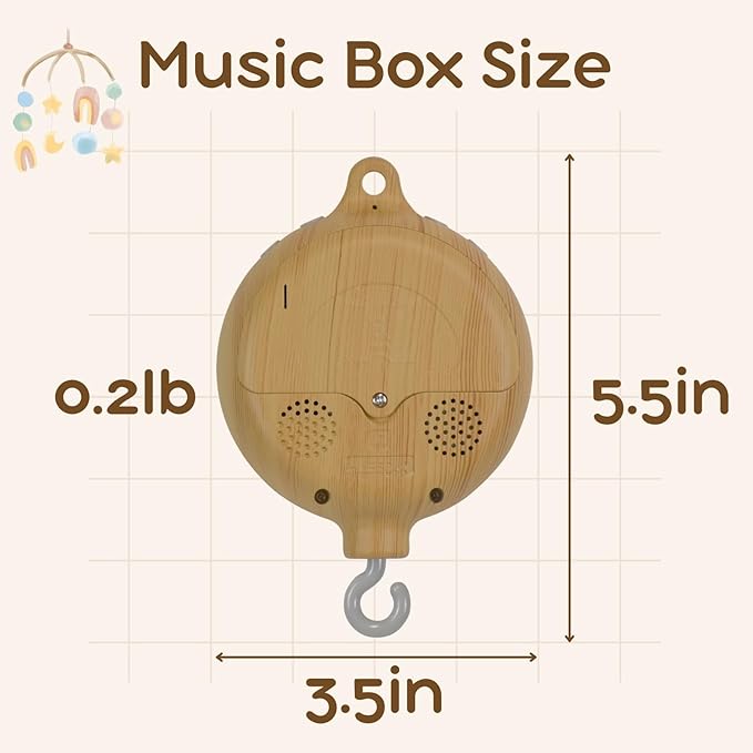 Crib Mobile Motor with Music Box, Baby Mobile for Crib with 12 Classic Lullabies & Rotating Function, Wooden Design Crib Mobile with Music