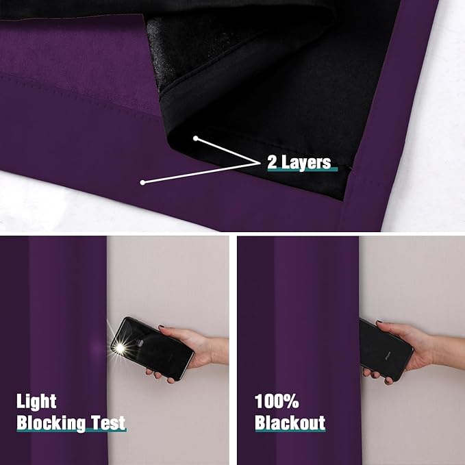 ChrisDowa 100% Blackout Curtains for Bedroom with Black Liner, 2 Thick Layers Total Blackout Thermal Insulated Grommet Window Curtains 2 Panels Set (Royal Purple, 52 x 84 Inch)